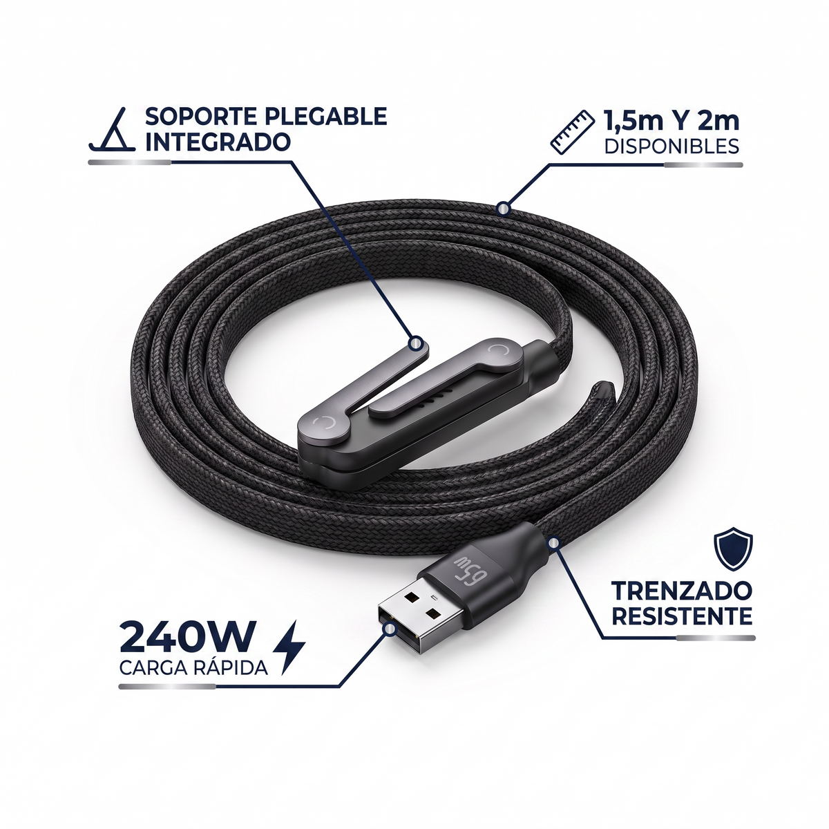Cable USB-C a USB-C 240W con Soporte - 1.6M